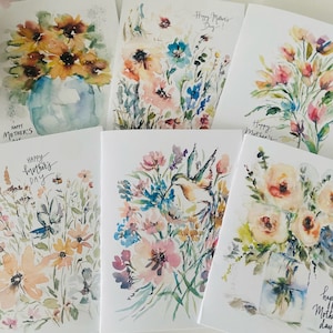 Aquarell Boho Muttertagskarten, 6er-Pack Bienen und Blumen Muttertag Grußkarten, Sonnenblumen, Vasen, lose Aquarellkarte