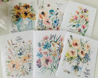 Watercolour Boho Mother’s Day Cards, Pack of 6 Bees and Florals Mother’s Day Greeting Note Cards, Sunflowers, Vases, Loose Watercolour Card