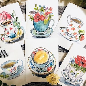 Vintage Watercolour Tea Cups with Flowers Greeting Cards, Pack of 6 Blank Tea Cup Cards, Pretty Tea Lover Note Cards