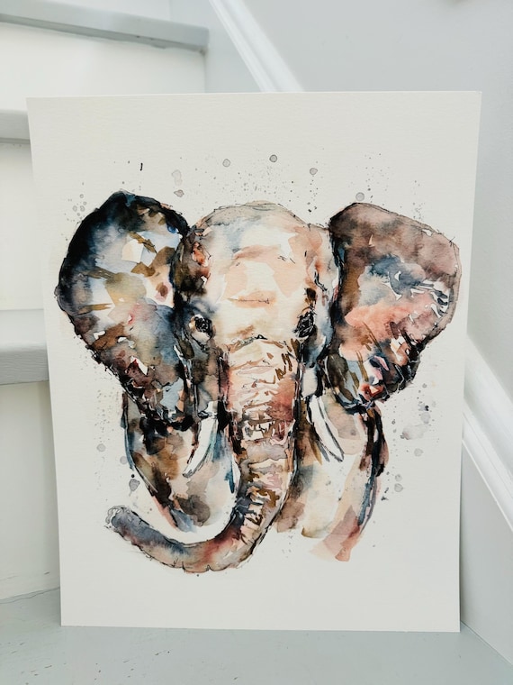 水彩画（象） 象の水彩画プリント、ニューテラ銅灰色の抽象的な象の絵画、楽しい