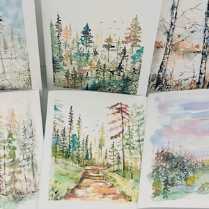 Cartes d'art forêt rêveuse, lot de 6 cartes aquarelle arbre et lac rêveur, cartes de voeux bouleaux et arbres, cartes forêt vierge pliée