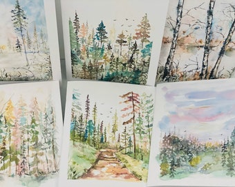 Tarjetas de arte de bosque de ensueño, paquete de 6 tarjetas de acuarela de árboles y lagos de ensueño, tarjetas de felicitación de abedules y árboles, tarjetas de bosque plegadas en blanco