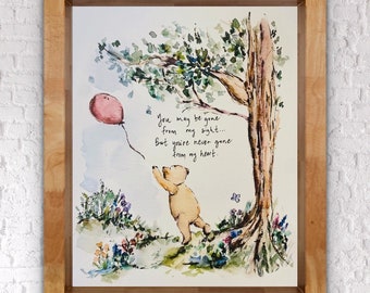 You May Be Gone From My Sight But You’re Never Gone From My Heart Winnie The Pooh Classic Print, Red Balloon Pooh Bear Sympathy Art