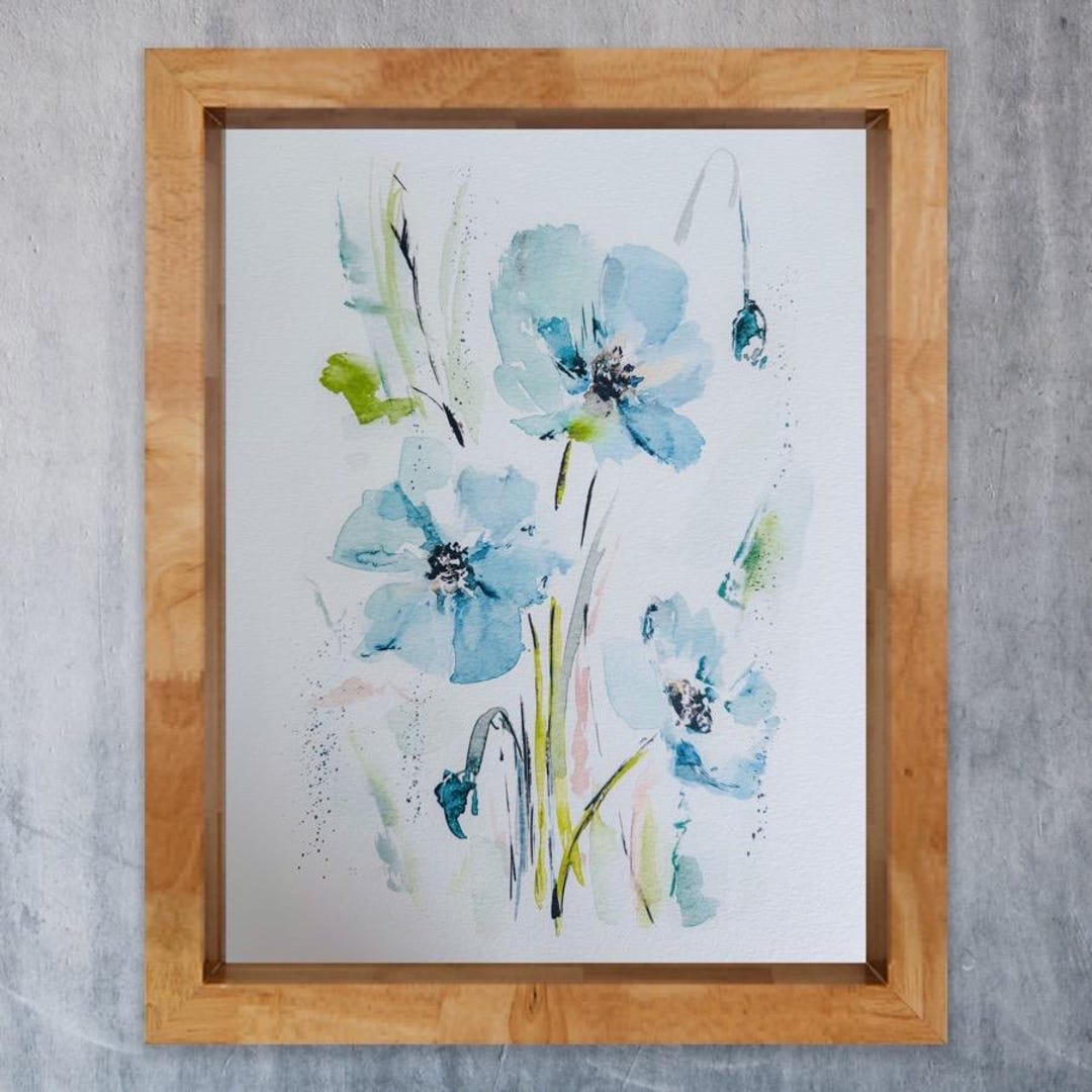 Light Blue Floral Print, Dreamy Simple Watercolor Poppies, Blue Poppy ...