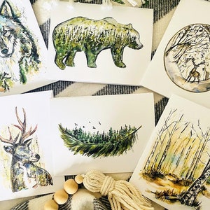 Aquarel bos dierenwenskaart bundel, blanco dierenkaarten hert en beer, gevouwen kaarten bos wolf en veren