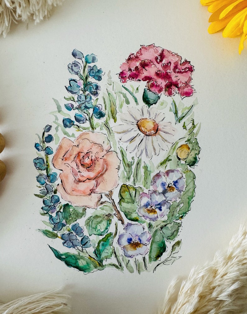 May include: Watercolor painting of a bouquet of flowers, including a pink carnation, a peach rose, a white daisy, and purple pansies. The flowers are surrounded by green leaves and stems.
