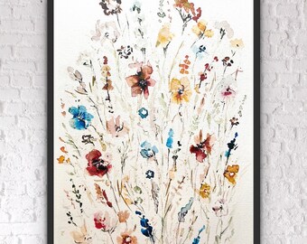 Impression d'art élégante vaporeuse de fleurs sauvages, grandes fleurs sauvages art mural fantaisiste, art floral abstrait aquarelle