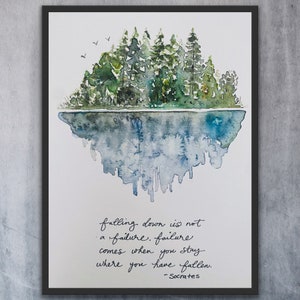 Falling Is Not A Failure, Failure Comes When You Stay Where You Have Fallen Watercolor Lake and Tree Reflection Encouragement Sign Print
