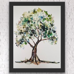 Whimsical Full Leaves Tree Print, Watercolour Tree With Branches Art Print, Green Leaves Seasonal Fall Elm Tree Painting, All The Greens Art