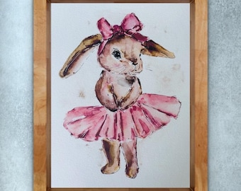Ballerina Bunny Print, Bunny Pink Tutu Watercolor Print, Watercolor Cute Bunny Design, Dancing Bunny Girls Bedroom Art, Pink Ballerina Bunny