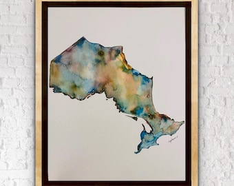 May include: A watercolor painting of the outline of the province of Ontario, Canada. The painting is done in shades of blue, green, and brown, with a white background. The artist's signature is in the bottom right corner.