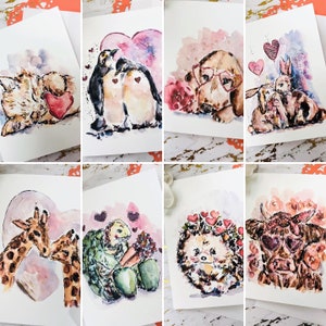 Cartes de Saint-Valentin aquarelles avec animaux mignons, 8 cartes vierges coeur d'amour, Adorables cartes aquarelles d'animaux, Art animalier préféré de l'aquarelle Be Mine