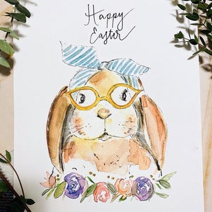 Happy Easter Watercolour Bunny Sign, Watercolour Bunny with Glasses and Florals, Cute Bunny Watercolour Print