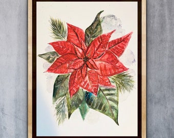 Watercolour Poinsettia Christmas Art, Red and Green Poinsettia Print, Single Poinsettia Wall Art