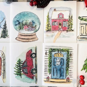 Paquete de 8 tarjetas de felicitación navideñas de estilo vintage con acuarela, tarjetas navideñas en blanco con ilustraciones de artistas, paquete surtido de tarjetas navideñas en blanco