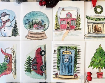 Bundle of 8 Christmas Watercolour Vintage Style Greeting Cards, Blank Christmas Picture Artist Cards, Assorted Blank Pack Christmas Cards