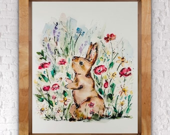 Impression de lapin des bois de fleurs sauvages, oeuvre d'art de lapin bohème de chambre d'enfant mignonne, art mural de lapin de fleurs, lapin d'aquarelle et fleurs sauvages