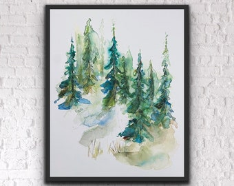 Impression d'art aquarelle verte et bleue à feuilles persistantes, impression d'art murale aquarelle forêt abstraite, impression colourpop aqueux de scène de forêt
