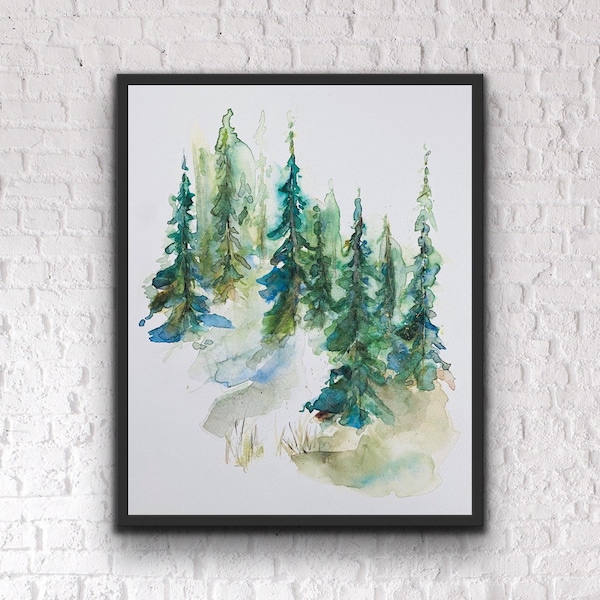 Watercolour Green and Blue Evergreen Art Print, Abstract Forest Watercolour Wall Art Print, Forest Scene Watery Colourpop Print