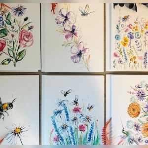 Biglietti vuoti con fiori ad acquerello, api e libellule, confezione da 6 biglietti floreali, api e fiori, biglietti vuoti con acquerello per artisti