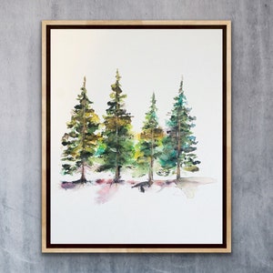 Quattro pini astratti, famiglia di quattro alberi acquerellati, alberi acquerellati verdi colorati