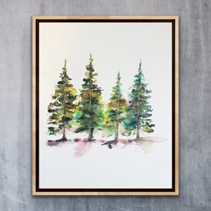 Four Abstract Pine Trees, Family Of Four Watercolour Trees, Colourful Greens Watercolour Trees