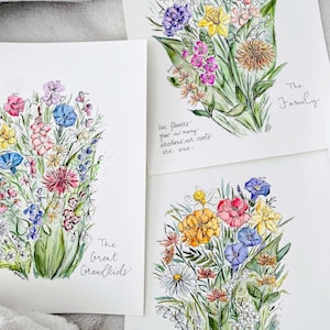 May include: Three watercolor paintings of bouquets of flowers with the text "The Family", "The Great Grandkids", and "The Grandkids" on each. The flowers are in shades of pink, yellow, blue, and white.