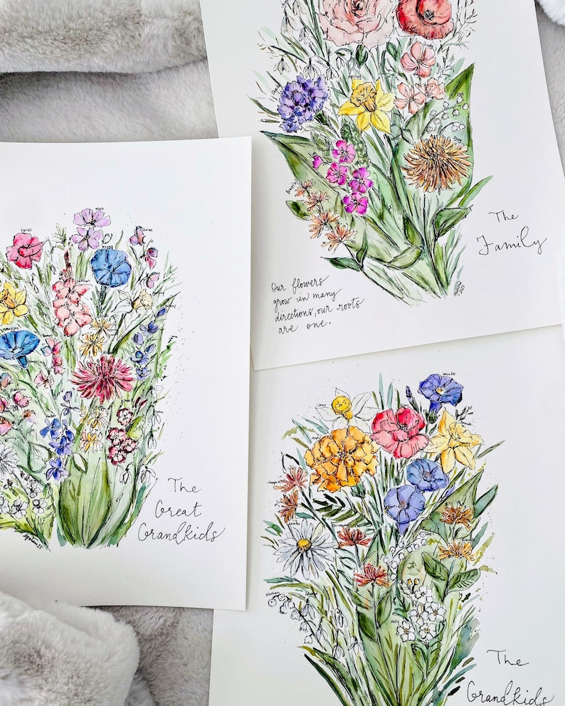 May include: Three watercolor paintings of bouquets of flowers with the text "The Family", "The Great Grandkids", and "The Grandkids" on each. The flowers are in shades of pink, yellow, blue, and white.