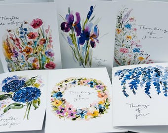 Thinking of You Bundle Floral Cards, Watercolor Floral Thoughts With You, Pack of 6 Thinking Of You Watercolour Folded Greeting Cards