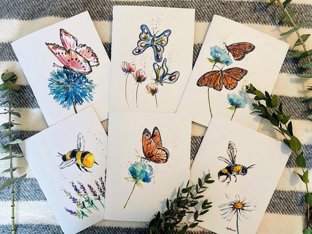 Blank Butterflies and Bumble Bee Assorted Package of 6 Folded Cards ...