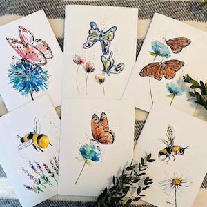 Pacote variado de 6 cartões dobrados com borboletas em branco e abelhas, florais e asas, cartões comemorativos em branco, cartões de borboleta monarca