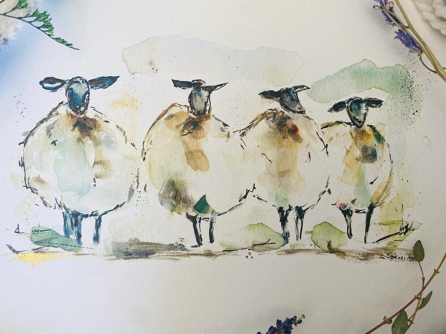 4匹の丸い水彩羊のアートプリント、水彩羊のウォールアート、キュート