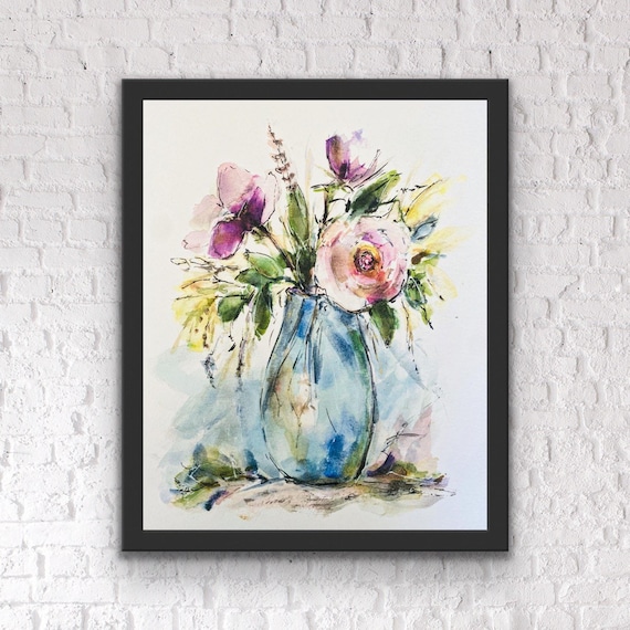 Watery Blue Watercolour Floral Art Print, Dainty Watercolour