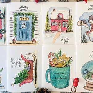 Lot de 8 cartes pliées vintage de Noël aquarelle rustique, cartes de voeux de Noël aquarelle, cartes d'artiste de Noël saisonnières pliées
