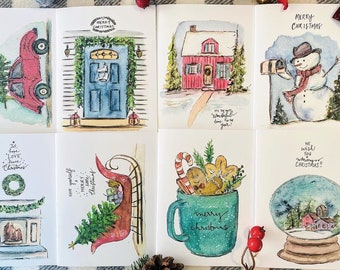 Lot de 8 cartes pliées vintage de Noël aquarelle rustique, cartes de voeux de Noël aquarelle, cartes d'artiste de Noël saisonnières pliées