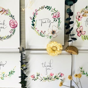 Cartes de remerciement aquarelles florales simples, cartes de remerciements aquarelles avec lettrage des lettres, jeu de cartes de remerciement aquarelle rose poudré et vert