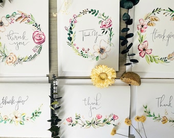 Simple Floral Watercolour Thank You Cards, Handlettering Flower Cards, Blush Pink and Green Watercolor Thank You Pack of Cards