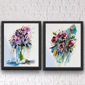 Watery Watercolour Floral Duo, Watercolour Vase Of Flowers, Purple Water Flower Style Wall Art, Duo of Florals, Bunch of Florals Art Prints