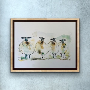 Four Chubby Round Watercolour Sheep Art Print, Watercolour Sheep Wall Art, Cute Minimal Watercolor Sheep Illustration