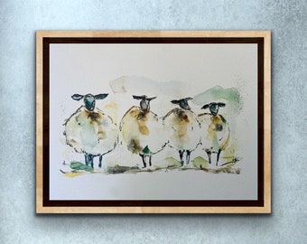 Impression d'art quatre moutons aquarelle ronds potelés, art mural aquarelle mouton, jolie illustration aquarelle minimale de mouton