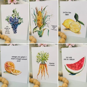 Fun Puns Veggie Fruit Card, Assorted 6 pack Silly Cards, Fun Garden Cards, Bundle of Summer Veg and Fruit Gift Cards, Beets Carrots Lemon