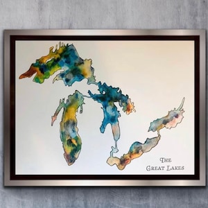 Impresión de los Grandes Lagos de Ontario, arte de mapas coloridos, arte mural de los lagos de Ontario, mapa abstracto en acuarela