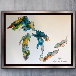 The Great Lakes of Ontario Print, Colourful Map Art, Lakes of Ontario Wall Art, Abstract Watercolour Map