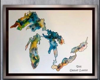 The Great Lakes of Ontario Print, Colourful Map Art, Lakes of Ontario Wall Art, Abstract Watercolour Map