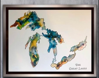 Die Großen Seen von Ontario Druck, Bunte Kartenkunst, Seen von Ontario Wandkunst, Abstrakte Aquarell Karte