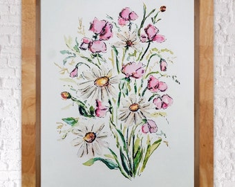 Opera d'arte del pisello dolce con margherite dell'acquerello, pittura floreale del mese di compleanno di aprile, stampa artistica floreale rosa e bianca, stampa floreale di aprile