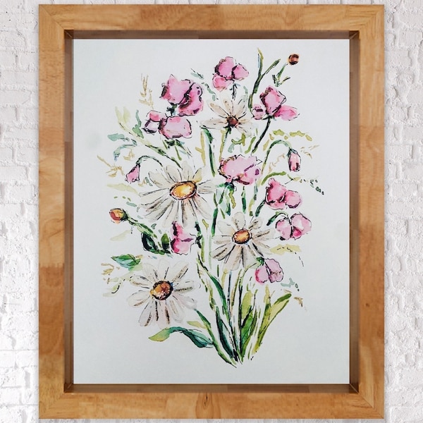 Watercolor Daisies Sweet Pea Artwork, April Birthday Month Floral Painting, Pink and White  Florals Art Print, April Flower Print