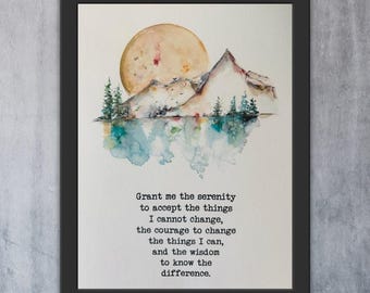 Serenity Prayer Moon Mountain Trees, Grant Me The Serenity Watercolour Art, COURAGE to Change The Things I Can, AA Serenity Mantra Wall Art