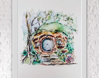 Watercolour House Print, Watercolour Brick Small Home Illustration, A Home in A Hill Watercolour Design Art, Watercolor Classic Story Art