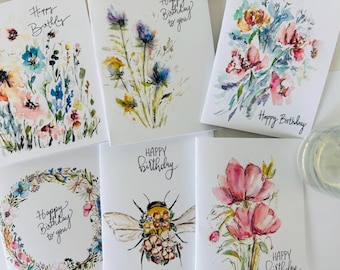 Watercolor Birthday Floral Bee Cards, Birthday Designs and Wreaths Folded Cards, Elegant Happy Birthday Bundle Cards, Assorted Birthday Card